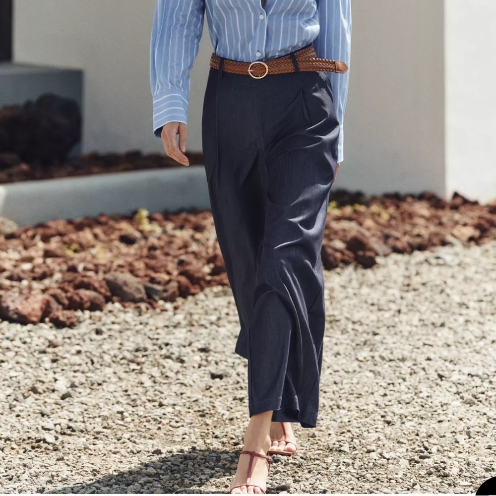 Zara Pants Wide Leg Blue Chambray Braided Belted Coastal New Womens XL 4387/032